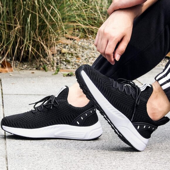 Men's Black White Non Slip Lightweight Workout Breathable Mesh Fashion Sneakers - Picture 2 of 6